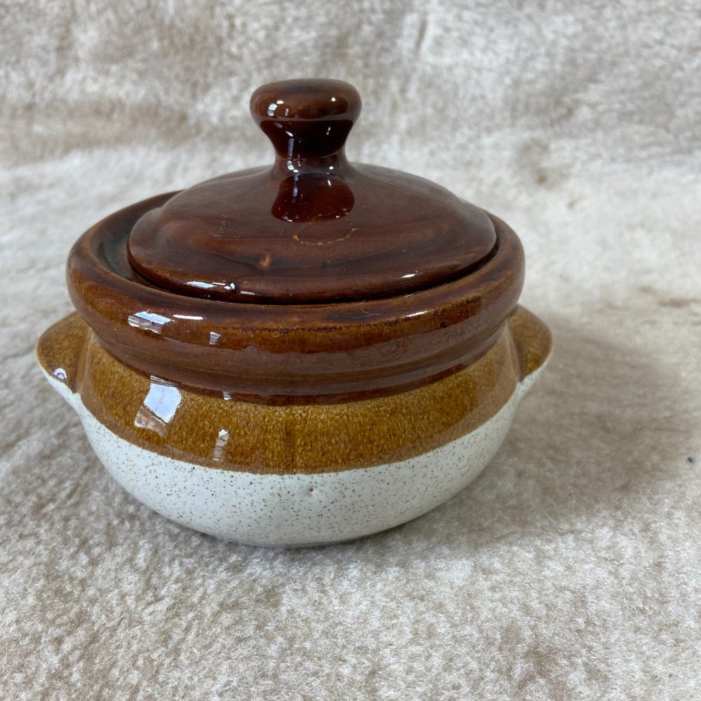Vintage Stoneware Small Bean Pot in Tan and Brown Glaze Farmhouse
